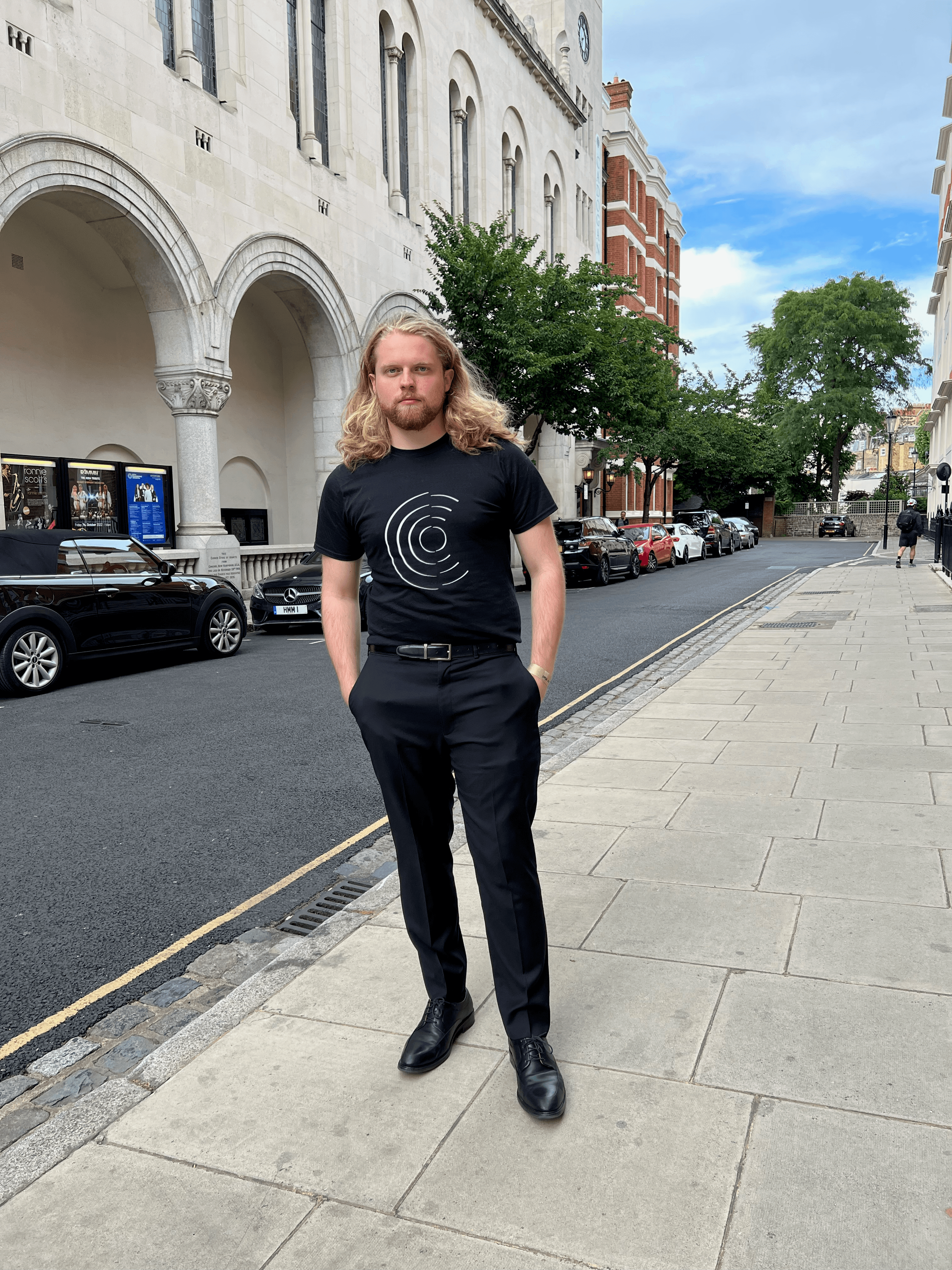 Davey Hiester, CCCO Music Director in front of Trinity Laban Conservatoire of Music and Dance in London, UK